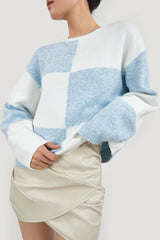 Light Sky Blue Cozy Crew Neck Plaid Sweater