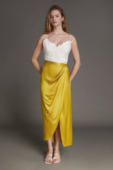 Yellow Jacquard Ruched Wrap Maxi Skirt