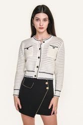 White Contrast Trim Button-Up Pointelle-Knit Cardigan