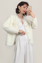 Ivory Faux Fur Ruffled Button-Up Cardigan