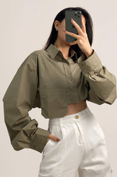 Dark Khaki Pocket Detail Cropped Shirt