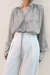 White High Neck Tie Detail Striped Blouse