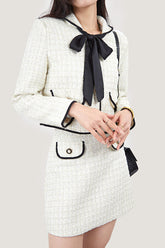 Fake Flap Pocket Bow Detailed Jacket&Mini Skirt Two-Piece Set