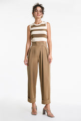 Burly Wood Hook And Loop Pleat Front Turn-Up Hem Suit Pants
