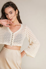 Floral White Crochet Button-Up Long Sleeve Cardigan