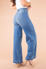 Vintage style sewn front wide leg jeans
