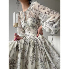 Beige Floral Print Long Sleeve Midi Dress