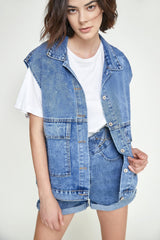 Steel Blue Collared Flap Pocket Button Front Denim Vest