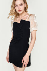 Black Draped Contrast Mesh Mini Dress