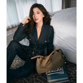 Metal Button Tweed Belted Blazer