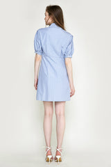 Light Sky Blue Pleat Detail Button Front Shirt Dress