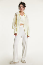 Lemon Chiffon Button-Up Drop Shoulder Oversized Shirt