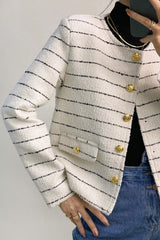 White Striped Tweed Jacket With Gold Buttons