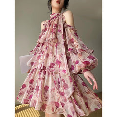 Pink Floral Print Neckline Bow Tie Mini Dress