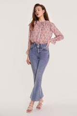 Pink Floral Print Tie Detail Ruffled Chiffon Blouse