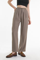 Tan Half Elastic Pleat Detail Wide Leg Suit Pants