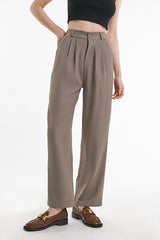 Tan Half Elastic Pleat Detail Wide Leg Suit Pants