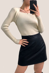 Ivory Ribbed Knit Square Neck Sweater