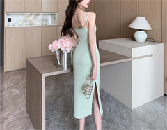 Green Off-the-Shoulder Spaghetti Strap Midi Dress