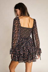Black Floral Print Lace-Up Long Sleeve Tiered Mini Dress