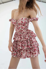Pink Floral Print Tiered Bustier Mini Dress