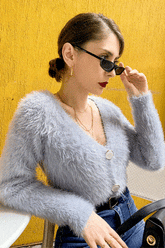 Dark Grey V-Neck Fuzzy Knit Cropped Cardigan