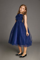 Kids Girls Midnight Blue Strapless Ruffled Pearl-Embellished Tulle Maxi Party Dress