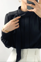 Black Long Sleeve Tie Neck Blouse