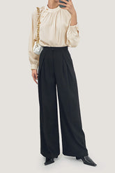 Crew Neck Button Detail Pleated Blouse