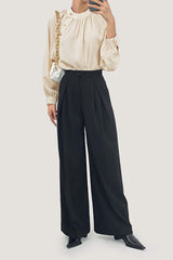 Crew Neck Button Detail Pleated Blouse