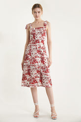 Dark Red Floral Print Tie Strap Slit Hem Midi Dress