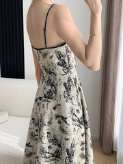 Floral Print Tie Strap Ruffle Detail Ivory Midi Dress