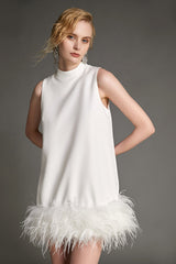 White Sleeveless Mock Neck Feather-Trimmed Mini Dress
