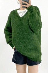 Dark Olive GreenFuzzy Knit V-Neck Oversized Sweater