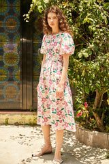 Pink Floral Print Smocked Waist Puff Sleeve Midi Dress