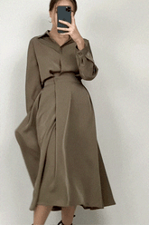 Brown Surplice Pleat Detail A-Line Maxi Shirt Dress