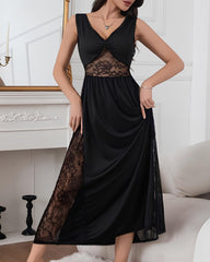 Deep V See-through Lace Patchwork Long Nightgow