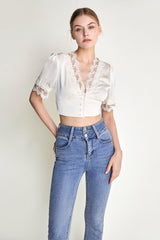 Ivory Satin Scallop Lace Puff Sleeve Crop Top