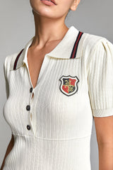 Ivory Embroidered Patch Polo Rib-Knit Dress