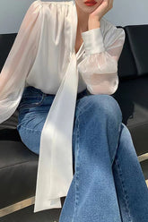 White Tie Lantern Sleeve Blouse