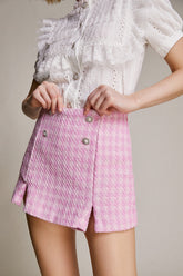 Pink Houndstooth Button Detail Split Hem Mini Skirt