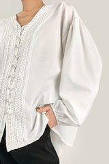 White V-Neck Balloon Sleeve Embroidery Detail Blouse