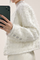 White Frayed Pocket Detail Round Neck Button-Up Tweed Jacket