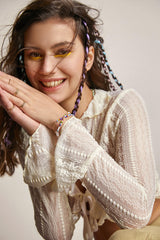 Ivory Lace Ruffled Tie Front Bell Sleeve Copped Blouse