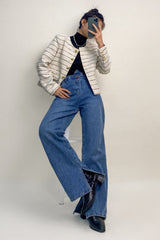 White Striped Tweed Jacket With Gold Buttons