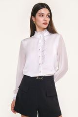 White High Neck Ruffle Detail Button-Up Work Shirt