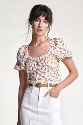 Peru Textured Floral Print Tie Detail Lace Trim Cropped Blouse