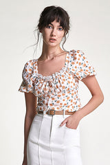 Peru Textured Floral Print Tie Detail Lace Trim Cropped Blouse