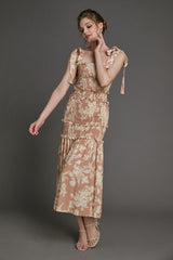 Bisque Floral Print Tie Strap Smocked Ruffled Maxi Dress
