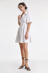 White Fitted Waist Puff Sleeve Shirt Dress